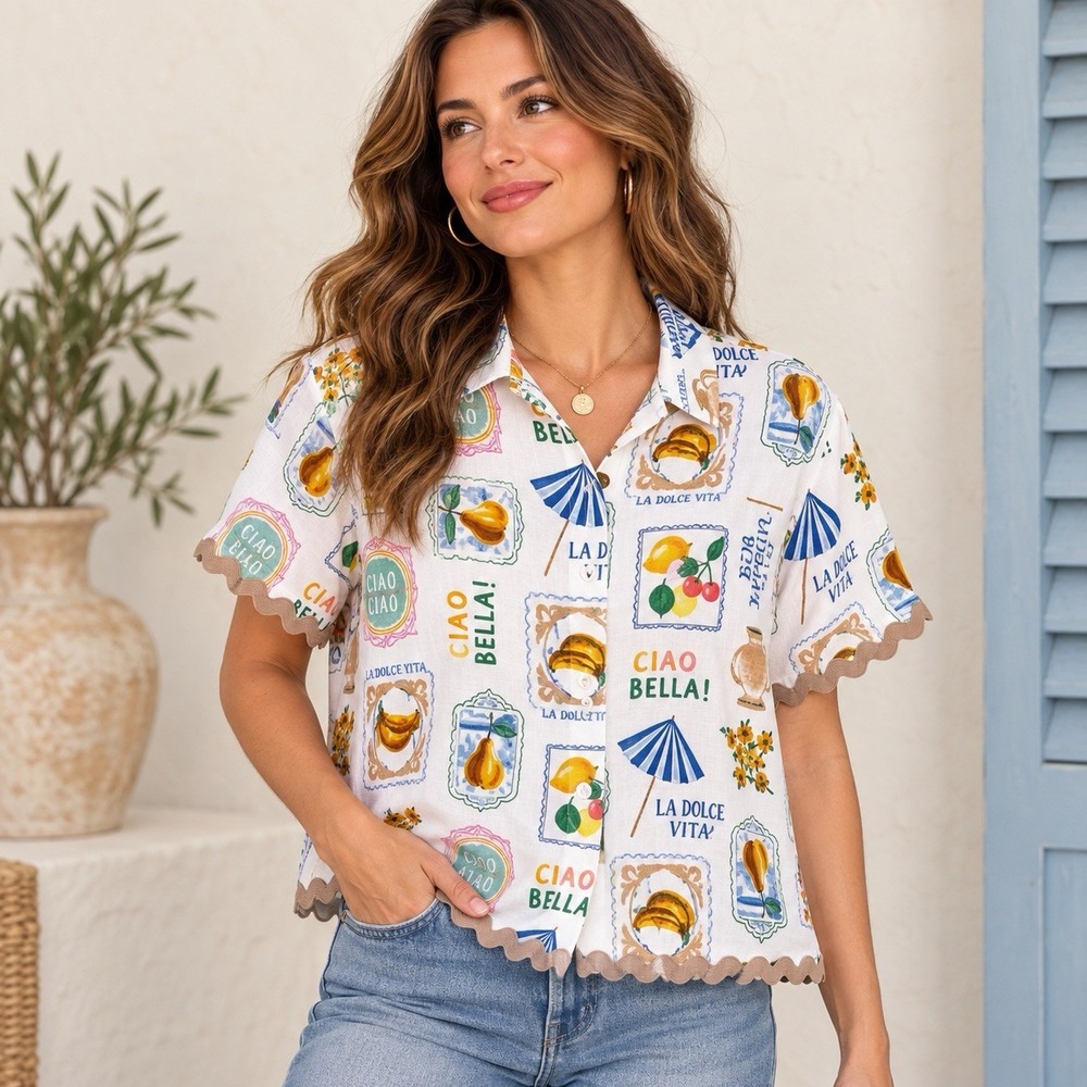Jane + Delancey Shirt Womens L Ciao Bella Italian Print Ric Rac Rayon Linen